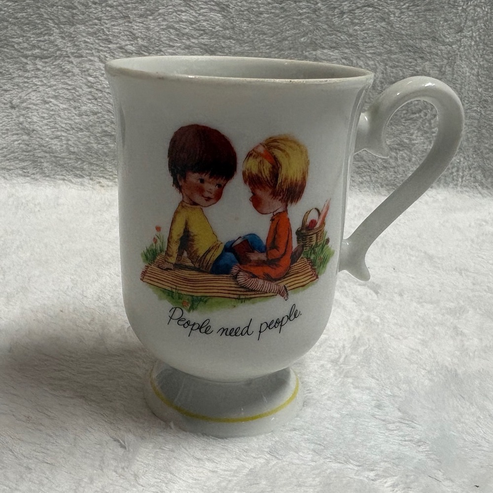 Vintage 1970s Fran Mar Moppets Porcelain Mug Japan People Need People Footed Cup